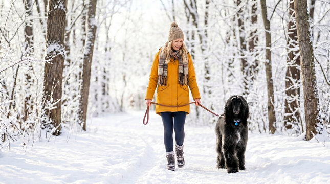 Woman walking dog on snowy path among trees in winter park  
