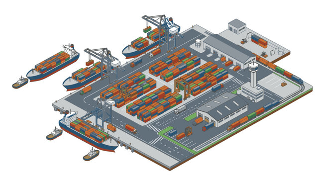 Busy Shipping Port with Cargo Containers and Cranes.