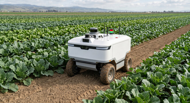 Autonomous robot working in a farm field. Modern agriculture and technology concept.