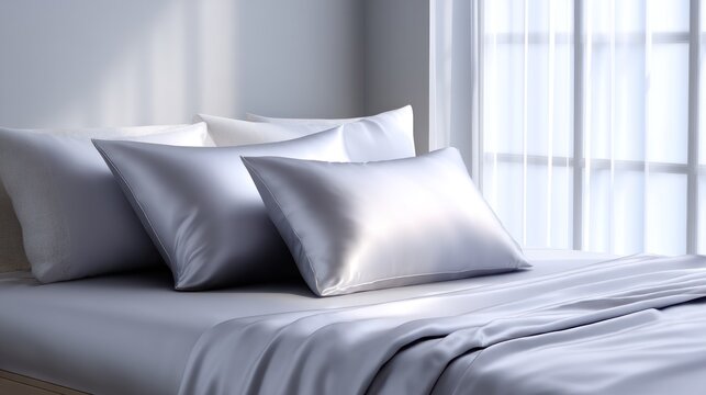 Luxury satin pillowcase on bed with matching silk sheets in elegant modern bedroom