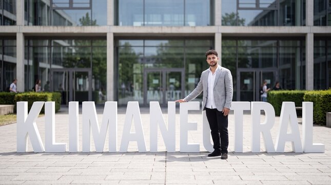 Mann steht neben gro&szlig;em Schriftzug Klimaneutral auf Campus