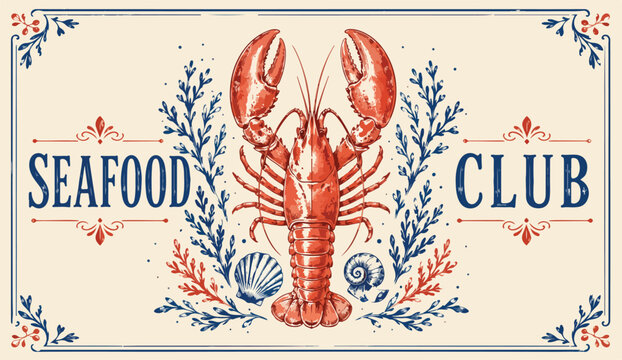 Vintage lobster seafood club logo, retro nautical restaurant emblem with red crustacean and sea shells, hand drawn marine vector illustration
