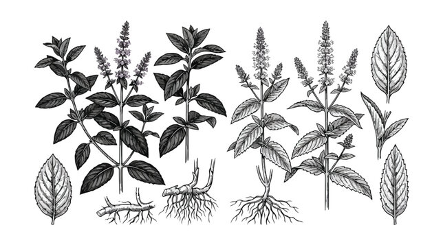 Vintage mint botanical illustration set, hand drawn peppermint and spearmint herb sketches, black and white garden plant vector collection
