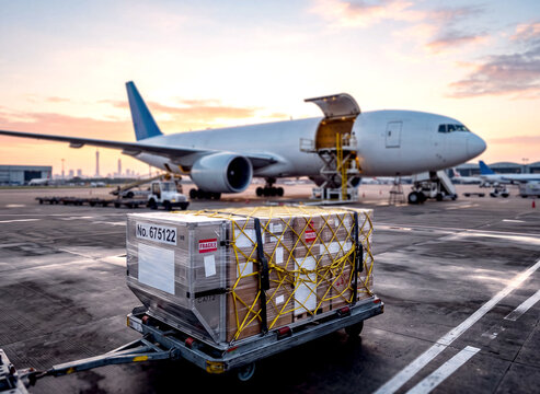 Air cargo container pallet loaded on a trailer ready for loading into a cargo airplane on airport runway apron during sunset for global logistics business.