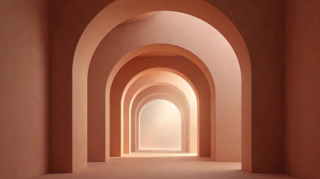 A long minimalist architectural corridor with multiple receding terracotta arches bathed in soft natural light at the distant end creating a serene and modern perspective.