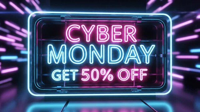 Cyber Monday neon sign with 50 percent off discount