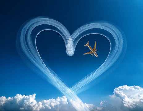 Airplane Drawing Heart Shape Contrails Against a Clear Blue Sky