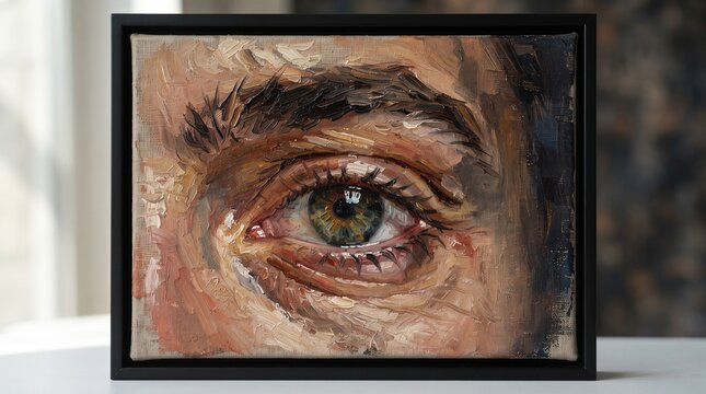 Fine art oil painting capturing a detailed close up of a human eye and thick dark eyebrow with heavy textured impasto brushstrokes