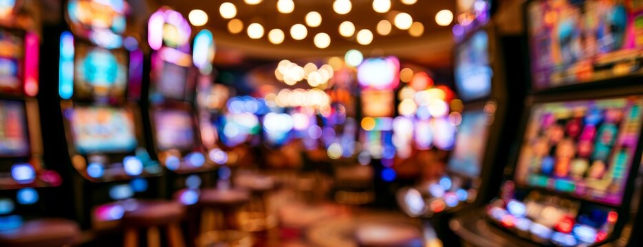 Blurred view of slot machines in a vibrant casino atmosphere  