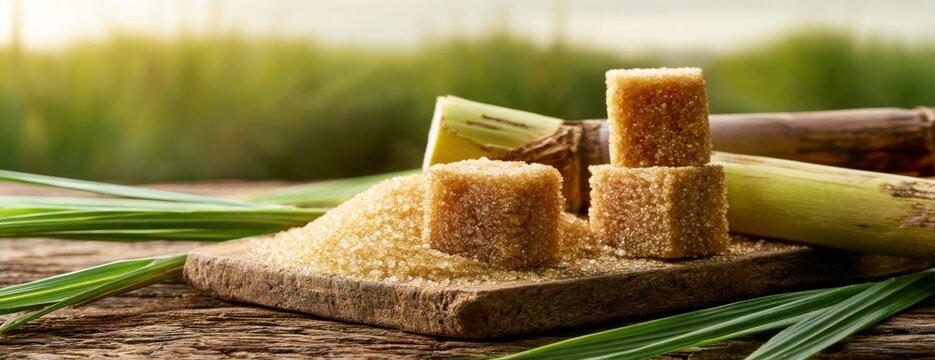 Brown sugar cubes on wooden board with sugarcane and green grass  