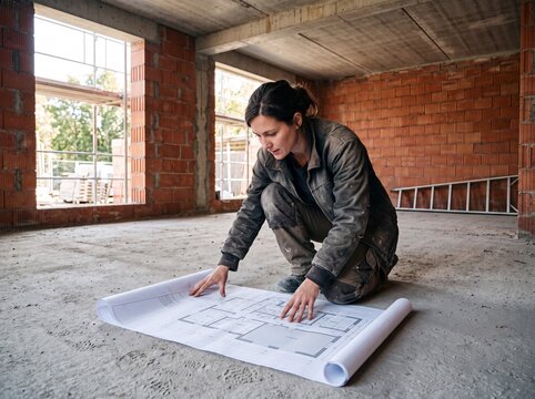 Frau in Arbeitskleidung kniet im Rohbau und studiert &uuml;ber die Schulter gesehen einen Bauplan auf dem Estrich