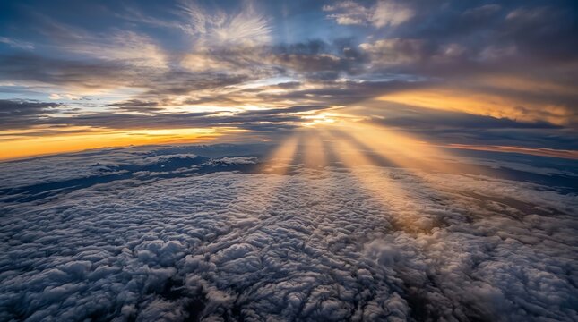 Stunning Sunset Over Cloudscape with Sun Rays Breaking Through Clouds in Bright Sky