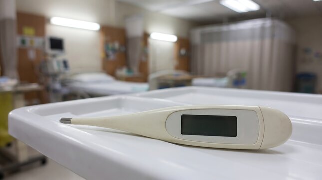 Digital medical thermometer resting on a white tray in an empty blurred hospital ward