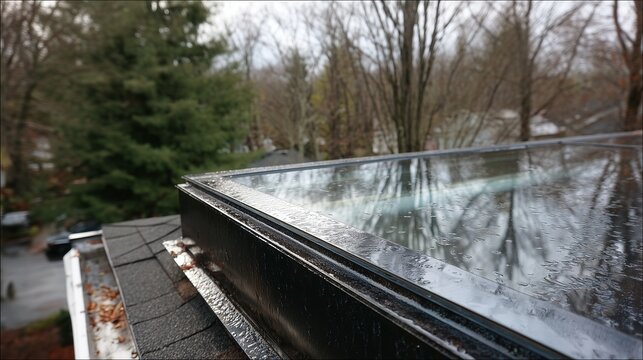 Rainwater pools on a skylight window frame, signaling a roof leak and need for repair, with wet glass, shingle, and blurred tree background.