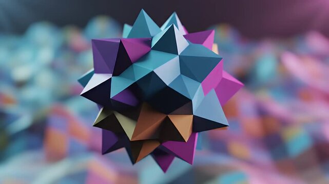 A vibrant, multi-faceted geometric object with sharp edges and a complex structure.