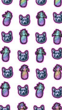 Seamless young vertical video of cartoon style cats and pineapples with duotono colors isolated with copyspace. Stop motion minimal animal art halftone style background.