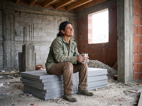 Bauarbeiterin macht Kaffeepause auf einem D&auml;mmstapel im Rohbau und blickt nachdenklich zu den Dachbalken auf