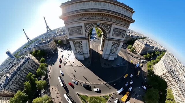 Aerial view of the Arc de Triomphe and Eiffel Tower in Paris