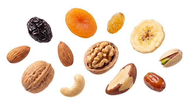 Assorted dried fruits and nuts on transparent background