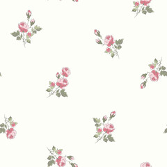 Obraz premium Vintage Ditsy Rose Seamless Pattern with Romantic Pink Cottage Garden Flowers on Soft Cream Background