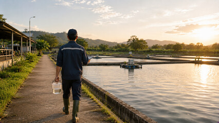 Naklejka premium Aquaculture worker carrying sample container and tablet at sunset