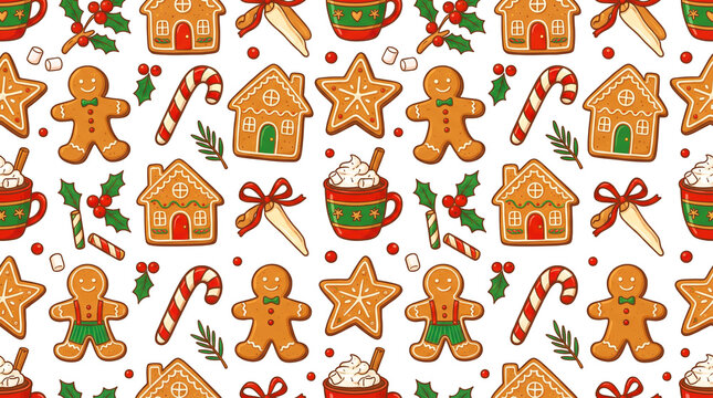 pattern of Christmas gingerbread cookies, candy canes, hot cocoa, and festive decorations on white background with copy space