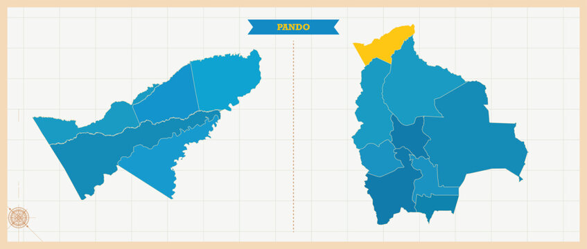 Pando Department Highlighted in Bolivia Map, Modern Bolivia and Pando Administrative Map, Colorful High Detailed Vector with Geographical Borders