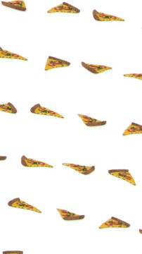 Seamless young vertical video of cartoon style of a slice of pizza isolated with copyspace. Stop motion minimal comic teenager style background.