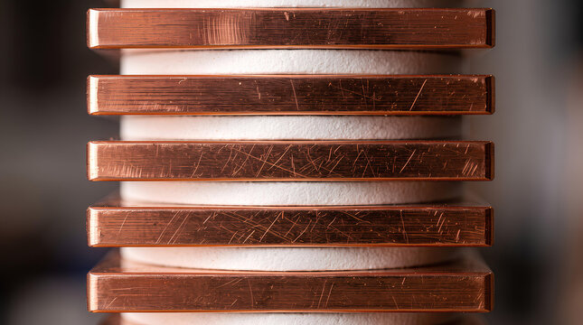 Stack of polished copper busbars separated by insulators seen straight on