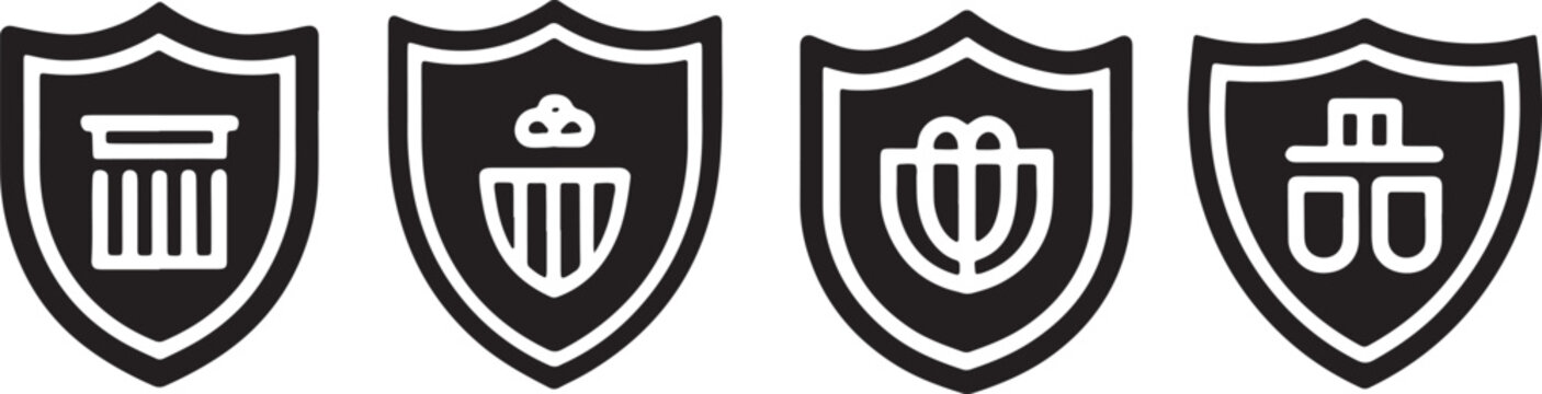 Shield icons with various abstract geometric symbols and heraldic shapes for security concepts and black and white and protection icon in outline styl