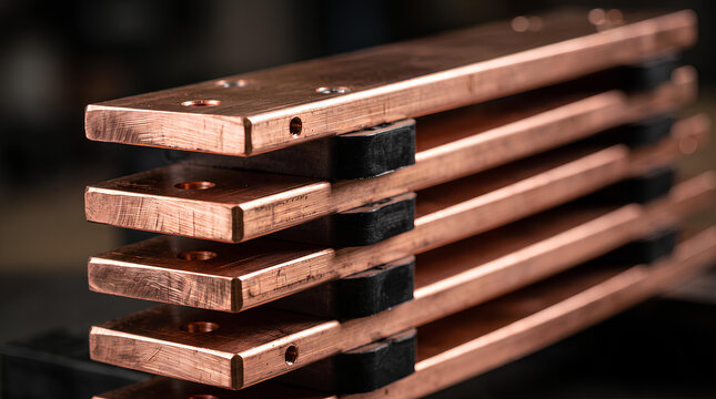 Stack of polished copper busbars separated by insulators from a three quarter angle