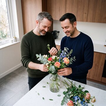 Zwei M&auml;nner in den Vierzigern binden gemeinsam einen Blumenstrau&szlig; in der K&uuml;che aus der Vogelperspektive