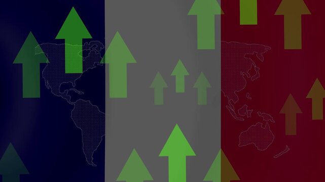 French Economic Growth and Global Connection: Green upward arrows signify progress and expansion, overlaid on a subtle world map texture against the backdrop of the French flag.