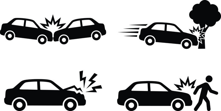 Car accident icon set, black vehicle crash silhouettes, auto collision and road safety symbols, insurance claim vector graphics