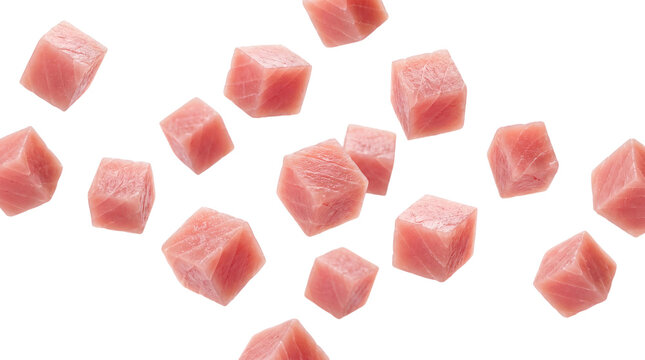 Diced Tuna Cubes Floating On Transparent Background