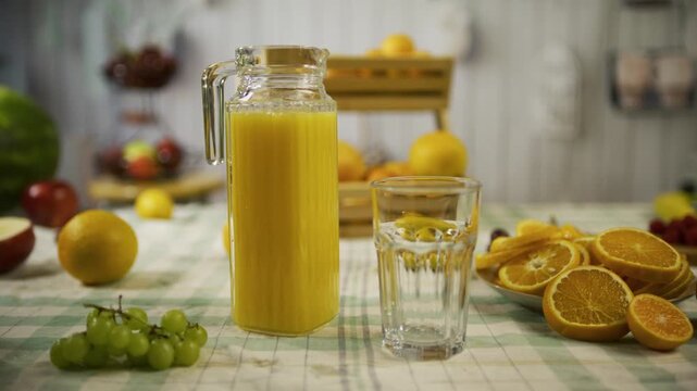 Table with pitcher of juice, empty glass and sliced oranges, tracking shot