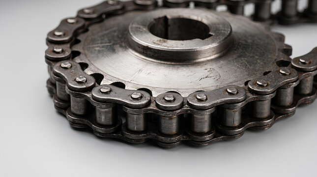 Roller chain wrapped around the teeth of a drive sprocket on a light grey background