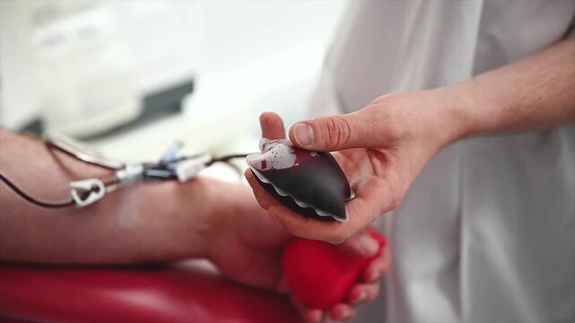Footage of a nurse hand by the donor arm as blood flows through the tube and the donor squeezes a red heart shaped ball, during a donation.