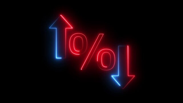 glowing neon Percentage growth and decline icon with up and down arrows. financial, business, and statistical analysis. Loan Decrease, Discount, Investment on Black Background..