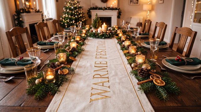Festlich gedeckter Weihnachtstisch in der Totale mit Tischl&auml;ufer und goldenem Schriftzug WARME FESTTAGE