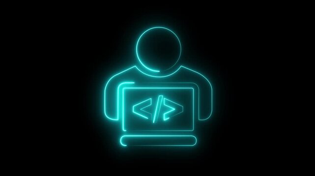 glowing neon programmer icon animation representing programming user coding or software development Database Management, Web Application 4K Loop Motion Graphics..