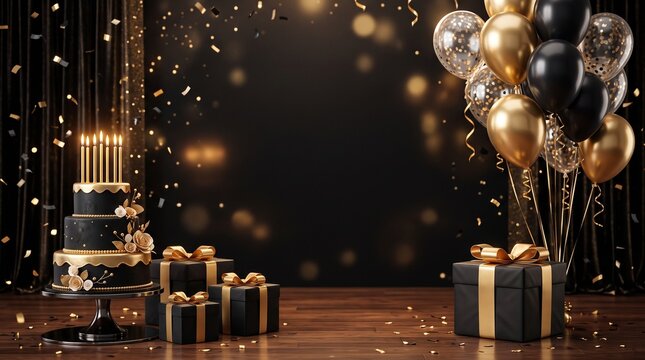 Elegant black and gold birthday celebration background, tiered cake with candles and gift boxes, festive party scene with balloons and confetti