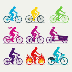 Fototapeta premium Diverse Cyclists and Bicycles - Vibrant Silhouettes for Health, Sport, and Fun