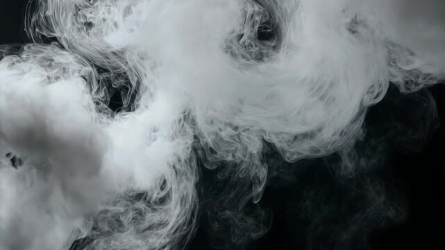White smoke billows and swirls in a continuous flow against a dark background, creating dynamic shapes and patterns that evolve over time in a visually captivating manner