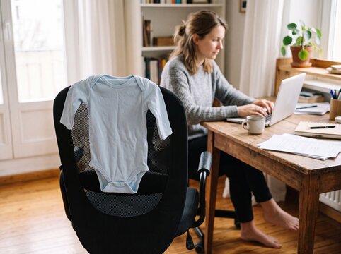 Nahaufnahme eines hellblauen Stramplers zum Trocknen &uuml;ber der Lehne eines B&uuml;rostuhls im Homeoffice einer arbeitenden Mutter