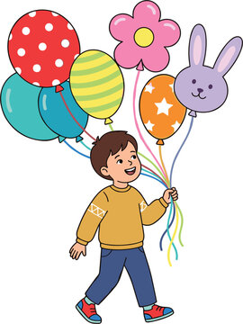 Cheerful little boy walking happily while holding a vibrant bunch of colorful party balloons outdoors