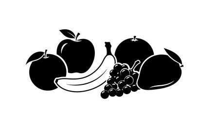 Black and white illustration of assorted fruit with silhouette nutrition healthy graphic banana grapes orange apple mango food icon © Ritu