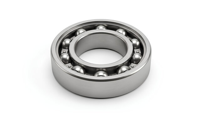 Deep groove ball bearing isolated on a white background from a raised three quarter angle