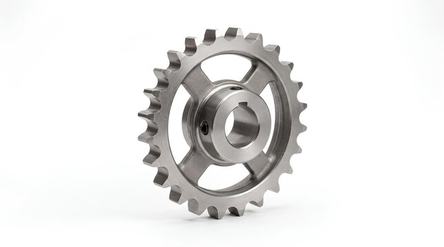 Steel drive sprocket isolated on a white background from a raised three quarter angle