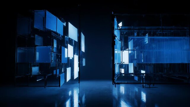 Abstract digital environment with illuminated floating panels creating a futuristic corridor effect, showcasing a seamless transition through a dark space